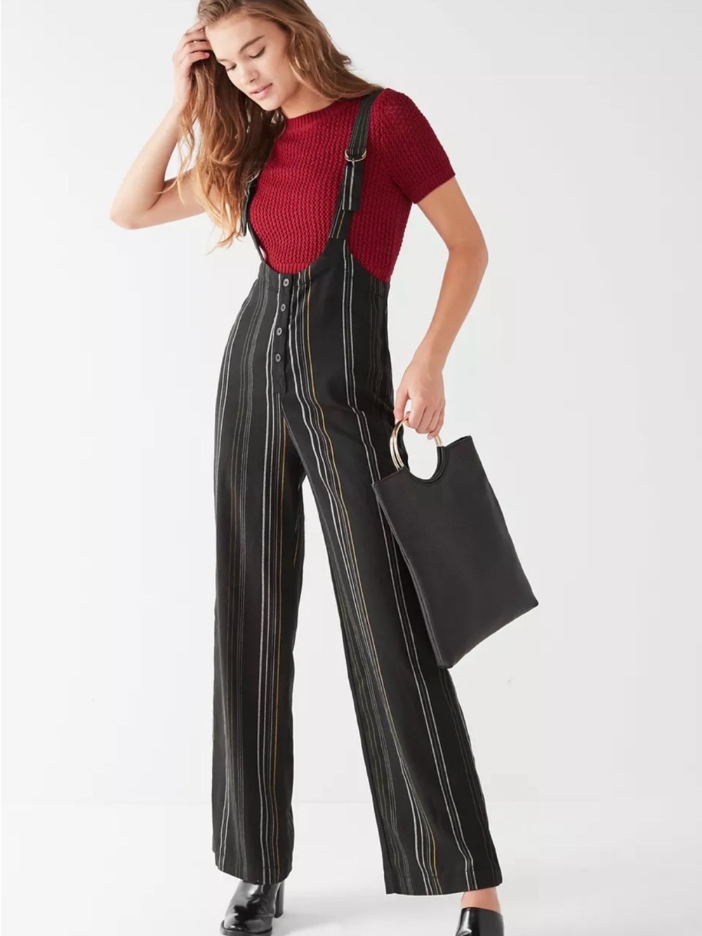Urban Outfitters Black Pinstripe Wide-Leg Suspender Jumpsuit